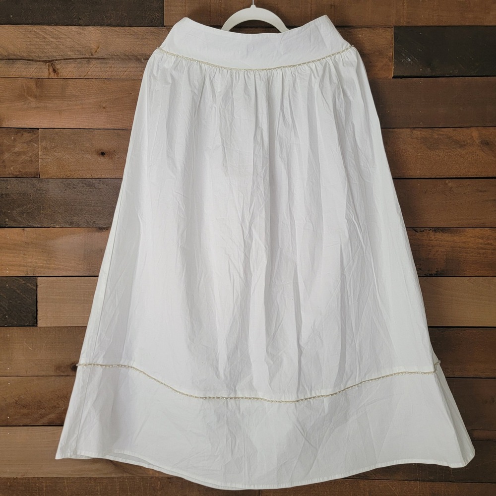 Wildfox White Cotton Beaded Gold Trim Smocked Boho A-Line Midi Skirt Medium